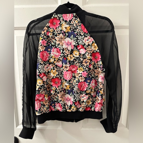❤️ BOGO Black Mesh and Pink Floral Zip Bomber Jacket Size Small - Picture 6 of 12